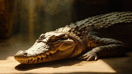 Obraz premium A Large Crocodile Rests In Sunlit Enclosure