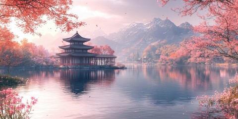 Fototapeta premium Serene lake view with a pagoda, mountains, and blossoming trees in soft, pastel colors