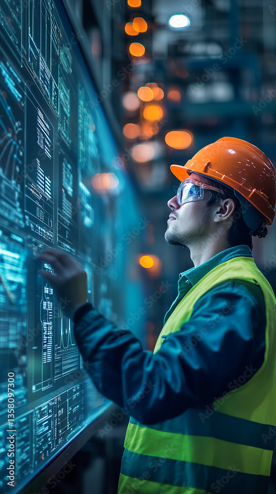 Poster worker in safety gear interacts with a large digital display showing data charts and graphs, showcas