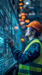 Fototapeta premium Worker in safety gear interacts with a large digital display showing data charts and graphs, showcasing industrial technology and data analysis in a factory setting