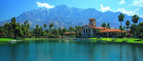 Fototapeta premium Serene lakefront resort nestled against majestic mountains under a clear sky. Lush greenery and palm trees surround the tranquil water