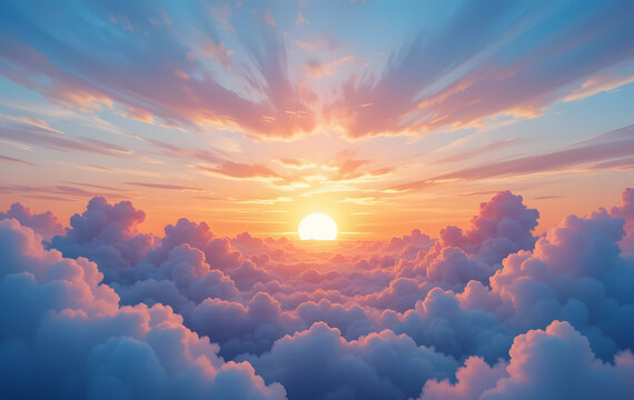 Abstract background clouds on the sky with sun, a sunset landscape background, watercolor, light soft background. colored sunset clouds, a cloud on the sunset sky background with a pastel color 