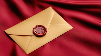 Golden envelope with wax seal on red cloth