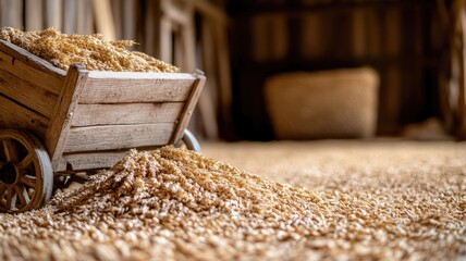 Wooden cart overflowing with wheat grains inside rustic barn