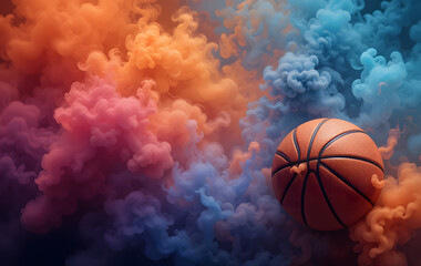 Basketball on the color smoke background. Basketball banner background. Basketball background. Abstract dark basketball background with copy space.