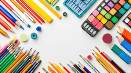 Colorful Art Supplies Flatlay: Pencils, Paints, and Brushes