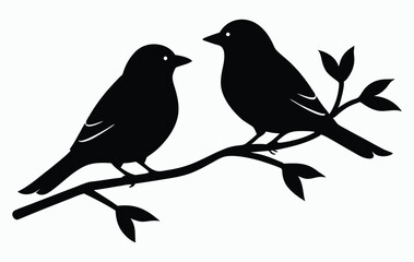 Two bird sitting on a branch silhouette on white background