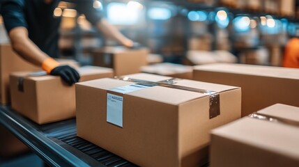 Warehouse worker sorting packages on conveyor belt