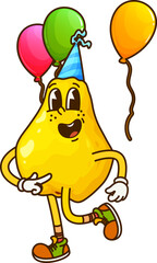 Cartoon groovy quince or pear fruit character having a fun time on celebration party occasion. Isolated vector joyful fruit retro personage wearing blue party hat and surrounded by vibrant balloons