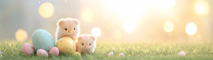 colorful easter eggs and chicks on a green grass meadow with sunshine in t