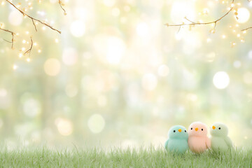 Fototapeta premium colorful easter eggs and chicks on a green grass meadow with sunshine in t