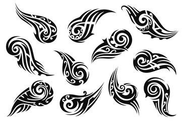 Black tribal Maori tattoo ornaments, featuring swirling patterns and elements, evoke strength, energy and fluid motion. Isolated vector set of ornate decals, traditional swirled tribal motifs