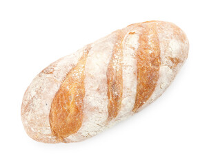 Whole loaf of freshly baked bread isolated on white, top view