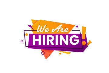 We are hiring icon. Vector speech bubble with bold typography and abstract geometric shapes in orange and purple, conveys urgency and excitement for job recruitment advertisements and hiring campaigns