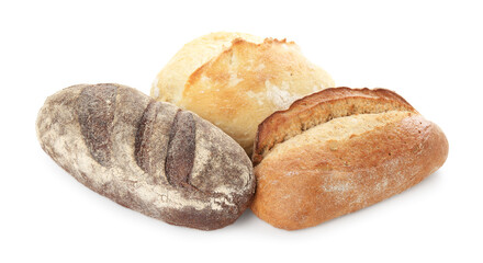 Different loaves of freshly baked bread isolated on white