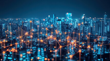 Night city skyline connected by digital lines