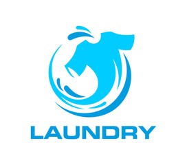 Laundry service, clothing wash service icon. Clothing cleaning and washing room blue emblem or vector sign, laundry service or laundromat vending brand icon with t-shirt spinning in washing machine