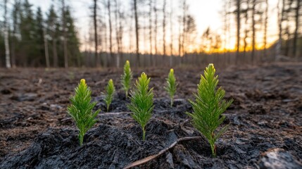 Young Pine Seedlings Sprouting After Forest Fire