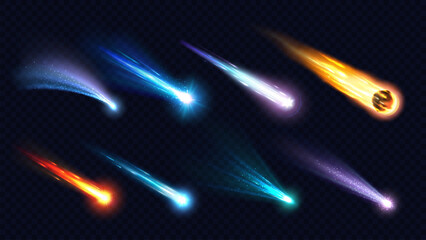 Realistic space comets, meteors, stars and asteroids with light trails at vector transparent background. Realistic 3d meteor shower, shooting stars and comet fireballs falling with fire and sparkles