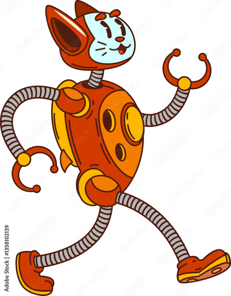 Leinwandbilder cartoon groovy robot and droid cat character with a mechanical body, flexible tube like limbs and cl