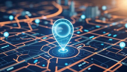 A glowing location pin on a futuristic city map