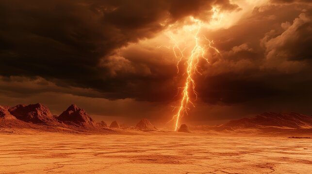 Martian Landscape With Dramatic Lightning Storm
