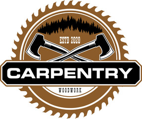 Carpentry woodwork icon featuring crossed axes in front of a circular saw blade and pine tree silhouettes, emphasizing the woodworking tradition and craftsmanship with rugged brown and black tones