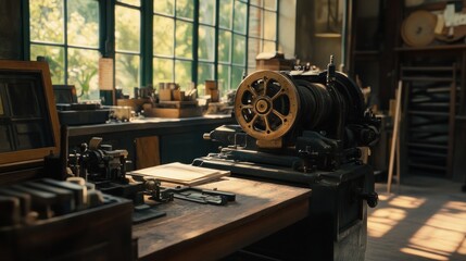 Fototapeta premium Antique Printing Machine in a Sunlit Workshop