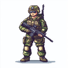 8-bit pixel-style soldier video game character design on white background