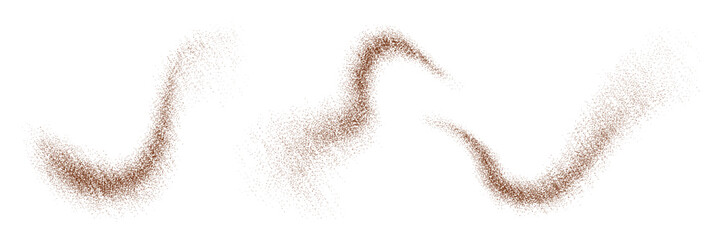 Chocolate and coffee isolated dust powder or cocoa particle waves, realistic vector. Brown sugar or ground coffee beans granules with sand texture, cinnamon or chocolate powder with grain noise effect