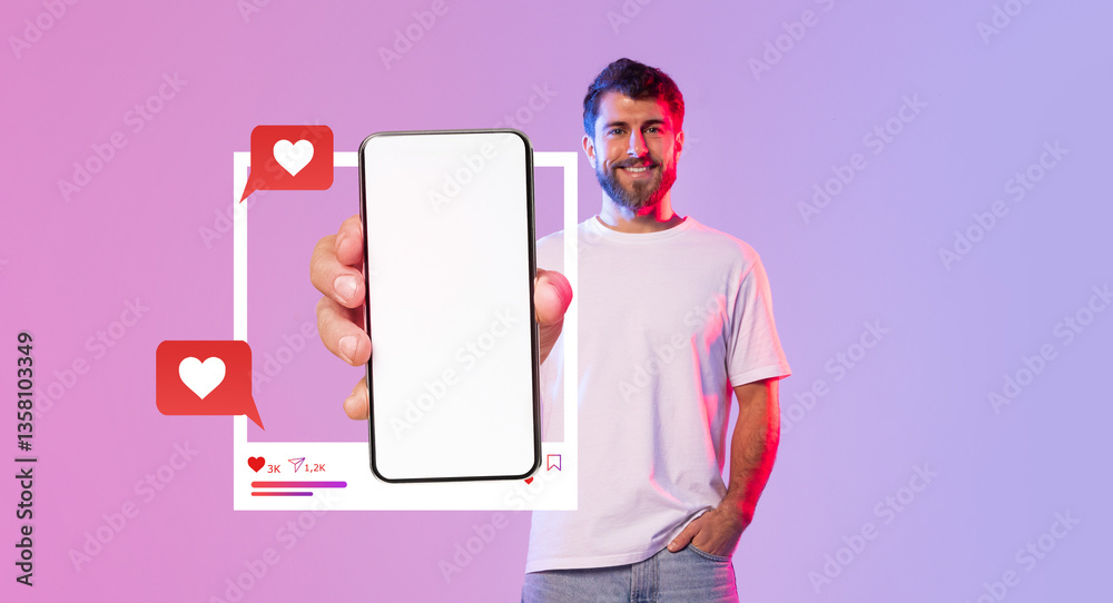 Aufkleber A person holds a smartphone displaying a blank screen, surrounded by chat and like icons. The background features a vibrant gradient, creating an inviting atmosphere for online interaction.