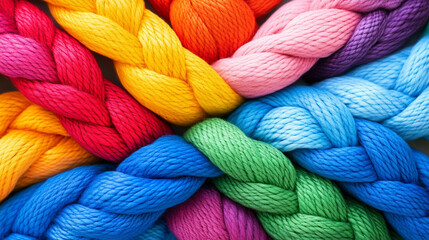 Different colored ropes tied in tight knots represent teamwork, struggle, and modern challenges, symbolizing unity, tension, collaboration, and overcoming obstacles together