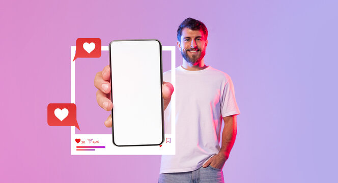 A person holds a smartphone displaying a blank screen, surrounded by chat and like icons. The background features a vibrant gradient, creating an inviting atmosphere for online interaction.