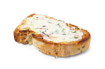 Tasty slice of bread with garlic, herbs and butter isolated on white