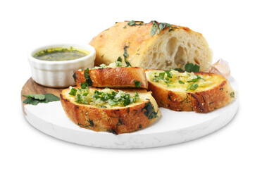 Tasty bread with garlic, herbs and oil isolated on white