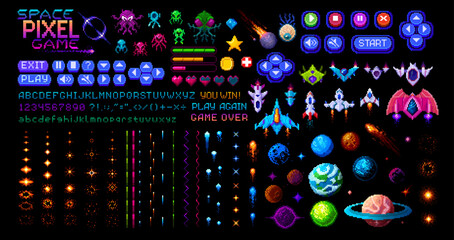 Arcade space 8 bit pixel art game asset. Retro video game interface vector icons set of pixel aliens, spaceships, space rockets and planets, UFO, stars and asteroids. Digital font alphabet and buttons