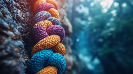 Obraz premium Different colored ropes tied in tight knots represent teamwork, struggle, and modern challenges, symbolizing unity, tension, collaboration, and overcoming obstacles together