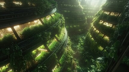 Obraz premium An overgrown futuristic agricultural structure bathed in sunlight provides food