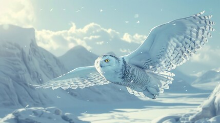 Beautiful snowy owl gliding silently above the icy Arctic tundra its sharp yellow eyes scanning the landscape