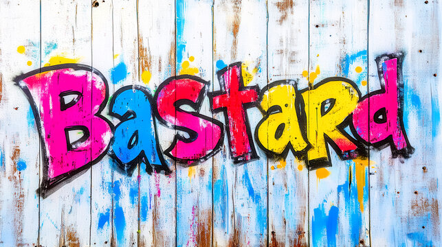 Weathered wooden door covered in bold graffiti spelling bastard