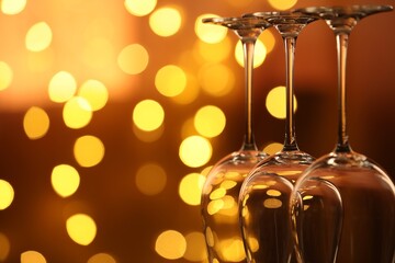 Many clean glasses against blurred lights, closeup. Bokeh effect