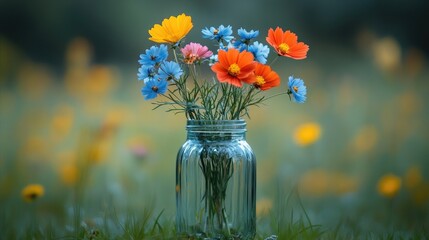 Obraz premium Colorful cosmos bouquet in glass jar, outdoor field