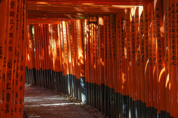 Kyoto, Japan - Sep 23 2024, Panoramic view of the corridor of the Senbon red Torii Gate at Fushimi...