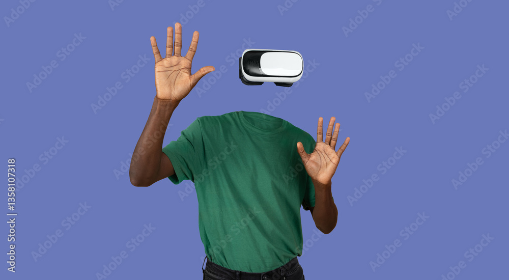 Aufkleber A person wearing virtual reality goggles engages with an unseen environment. Their head is not visible, creating an intriguing visual effect. Hands are raised, indicating interaction with the device.