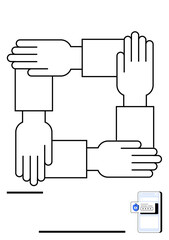Four hands interlocking in a square symbolizes teamwork and unity. A smartphone with a secure login screen represents privacy and digital protection. Ideal for collaboration, trust, security