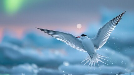 Fototapeta premium Breathtaking Arctic tern with its wings fully extended flying over icy waters with floating icebergs in the background The aurora borealis faintly glows in the night sky