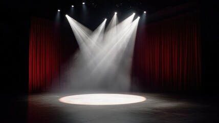 Empty stage with spotlights focused on center and red curtains