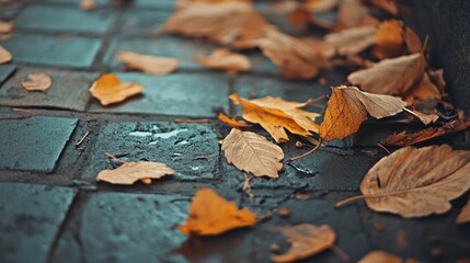 Autumn Leaves Scattered On Wet Pavement