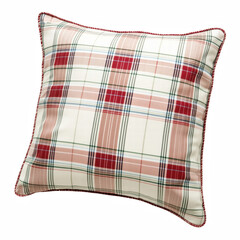 Square decorative pillow with red and white plaid pattern, soft fabric home decor cushion for interior design isolated on transparent background.