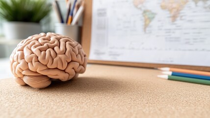 Model brain on desk with world map and pencils, representing education learning